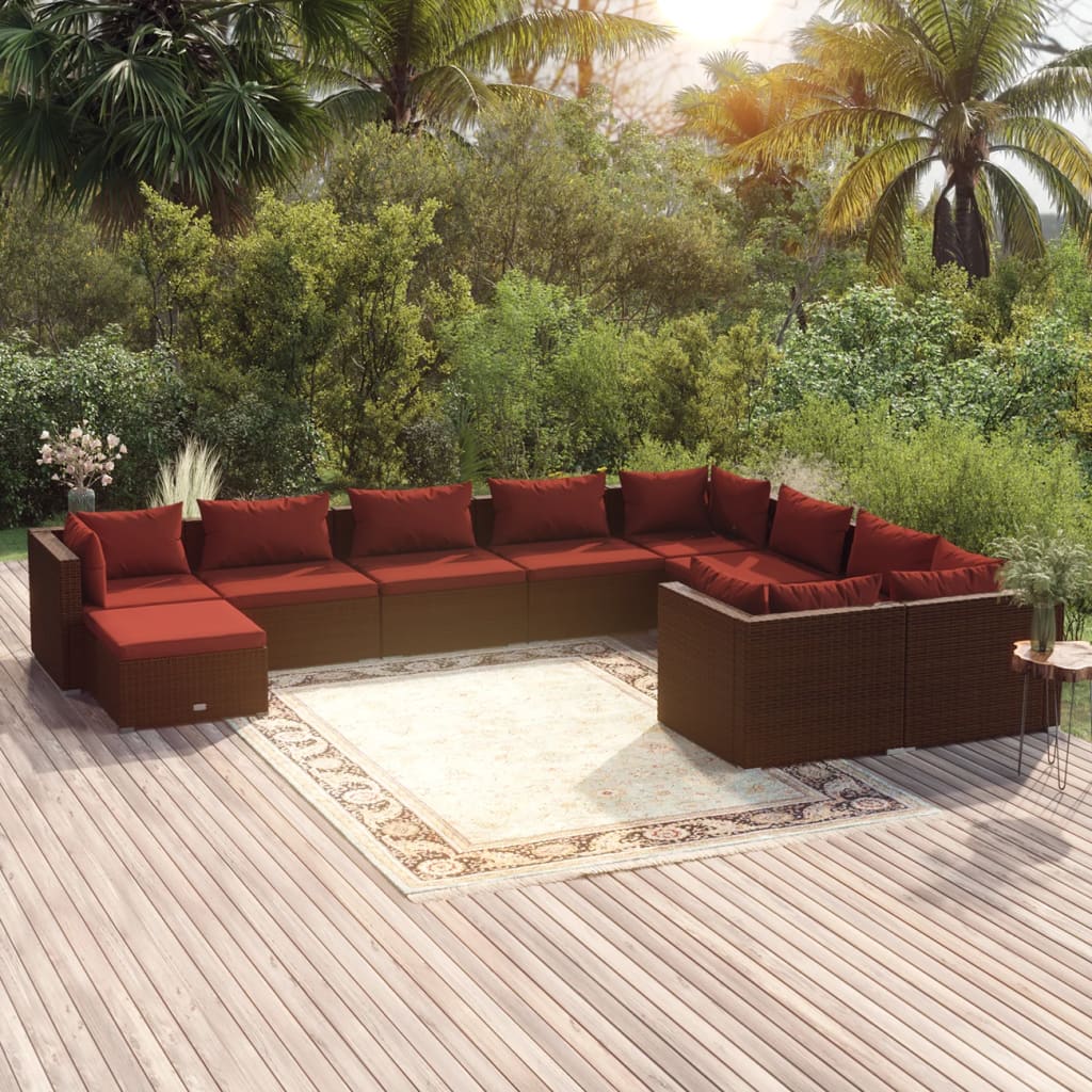 vidaXL 10 Piece Patio Lounge Set with Cushions Poly Rattan Brown-0