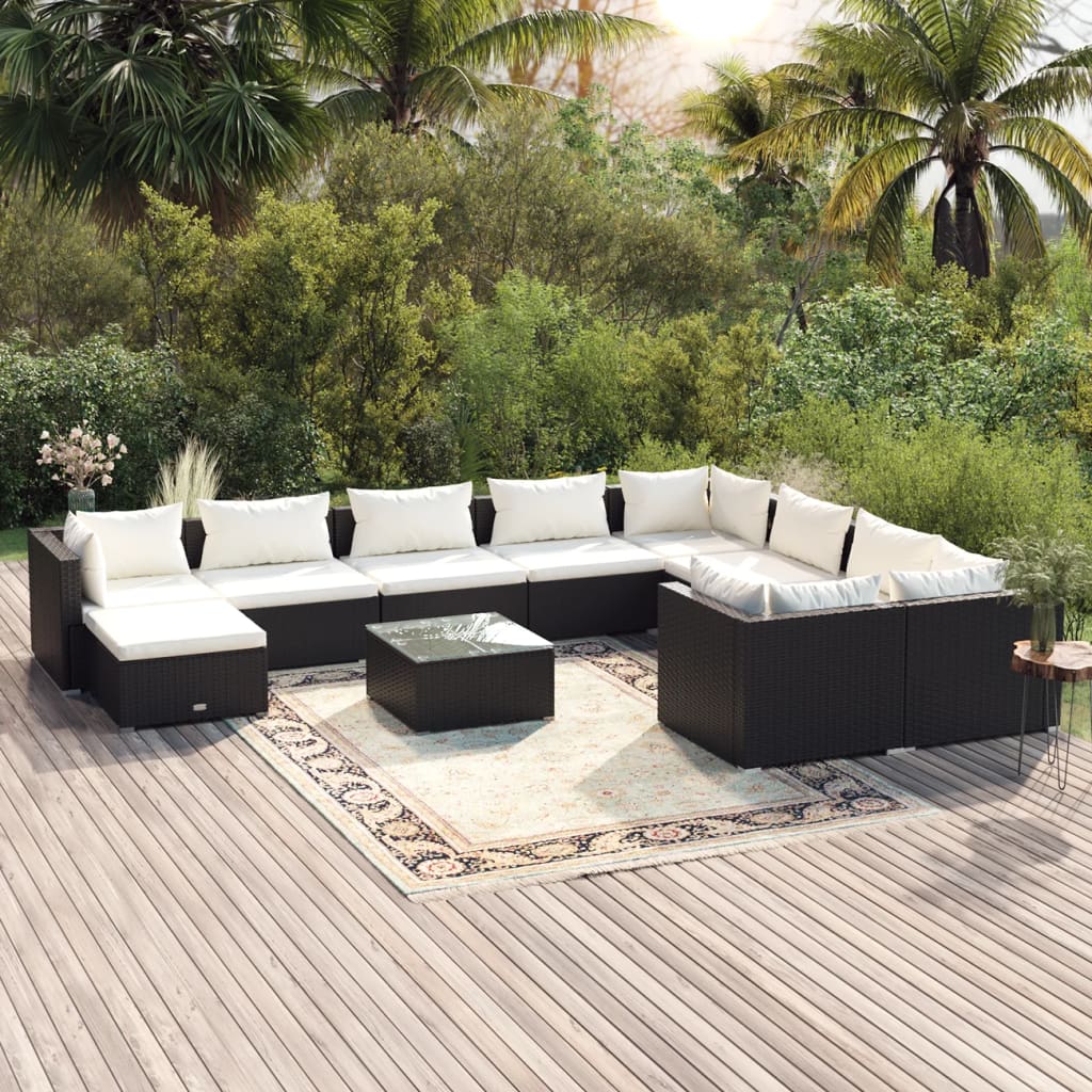 vidaXL 11 Piece Garden Lounge Set with Cushions Poly Rattan Black-0