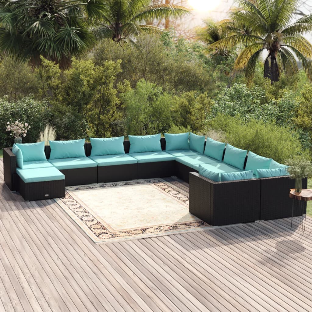 vidaXL 11 Piece Patio Lounge Set with Cushions Poly Rattan Black-0