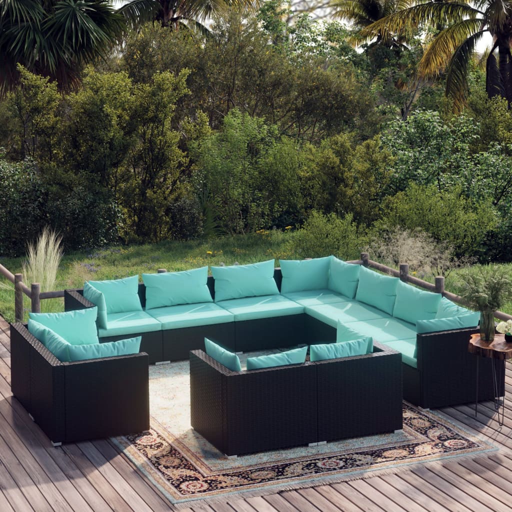 vidaXL 11 Piece Patio Lounge Set with Cushions Black Poly Rattan-0