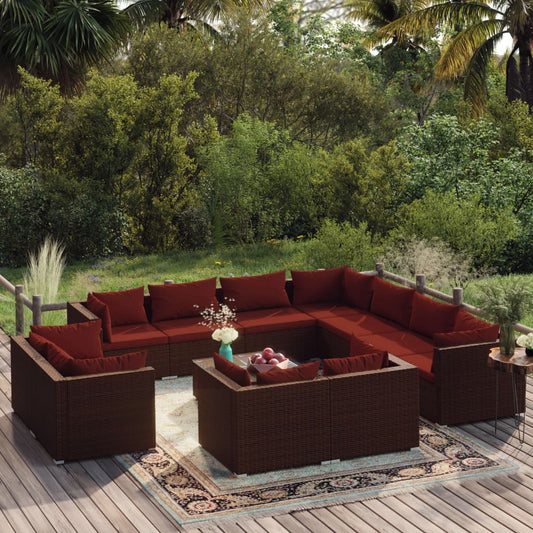 vidaXL 12 Piece Patio Lounge Set with Cushions Brown Poly Rattan-0