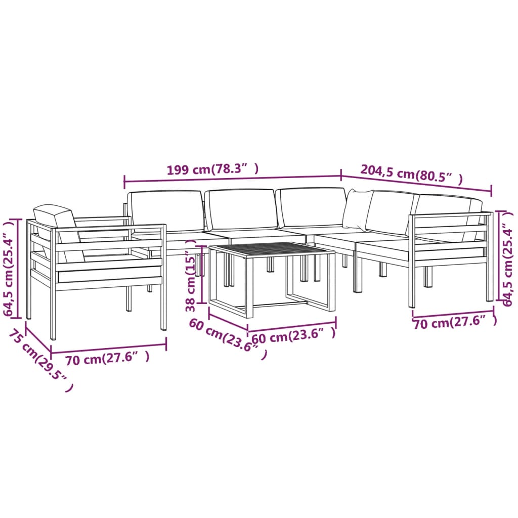 vidaXL 7 Piece Patio Lounge Set with Cushions Aluminum Anthracite-2