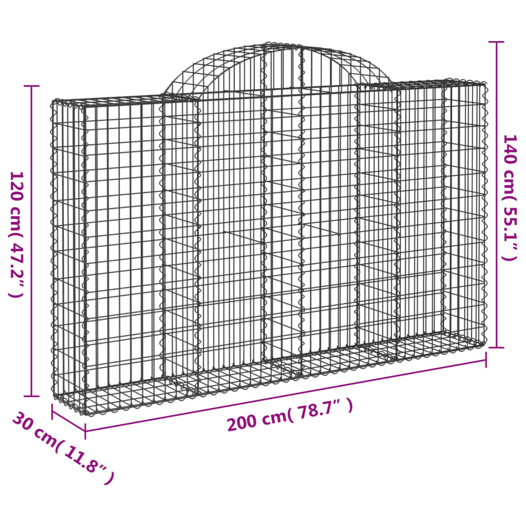 vidaXL Arched Gabion Baskets 4 pcs 78.7"x11.8"x47.2"/55.1" Galvanized Iron-3