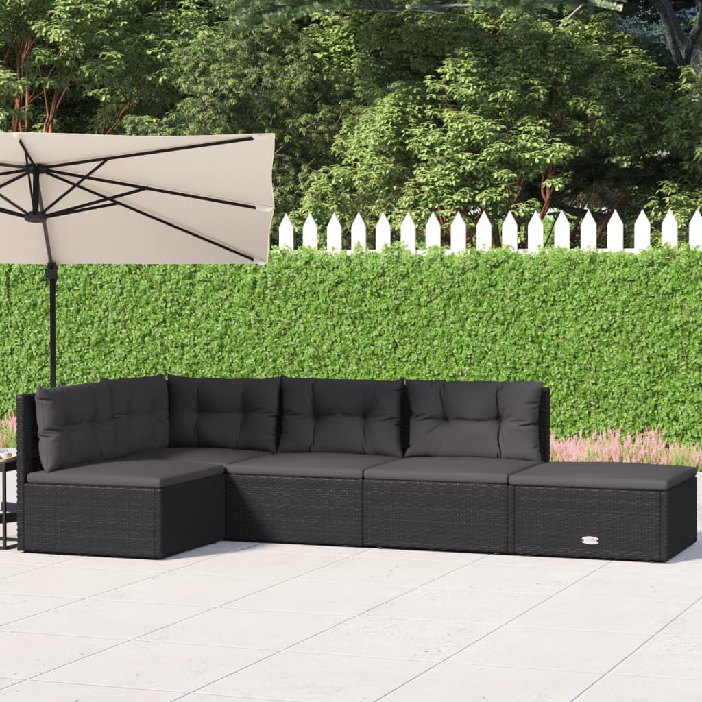 vidaXL 5 Piece Patio Lounge Set with Cushions Black Poly Rattan-0