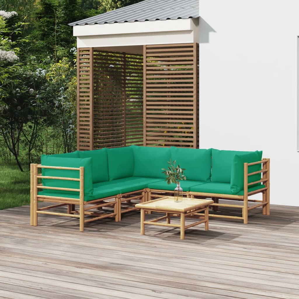 vidaXL 6 Piece Patio Lounge Set with Green Cushions Bamboo-0