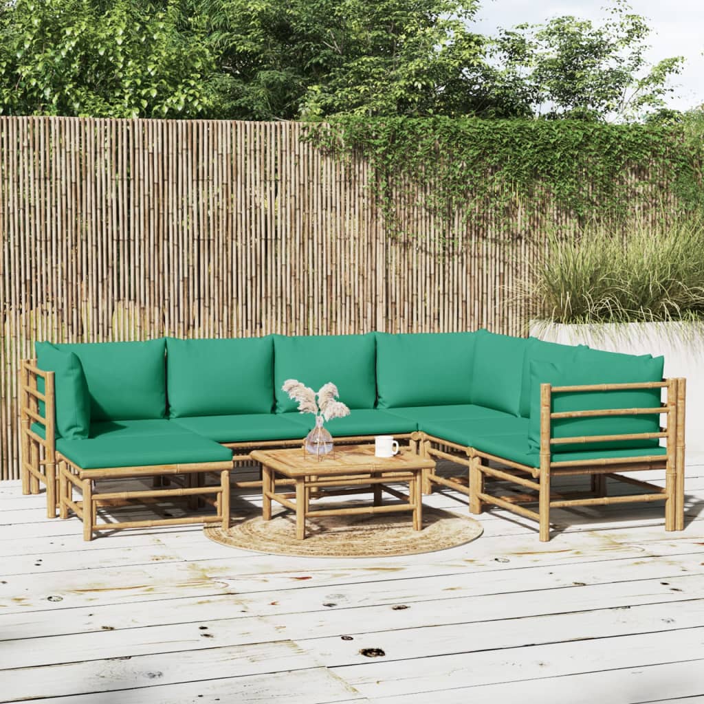 vidaXL 8 Piece Patio Lounge Set with Green Cushions Bamboo-0