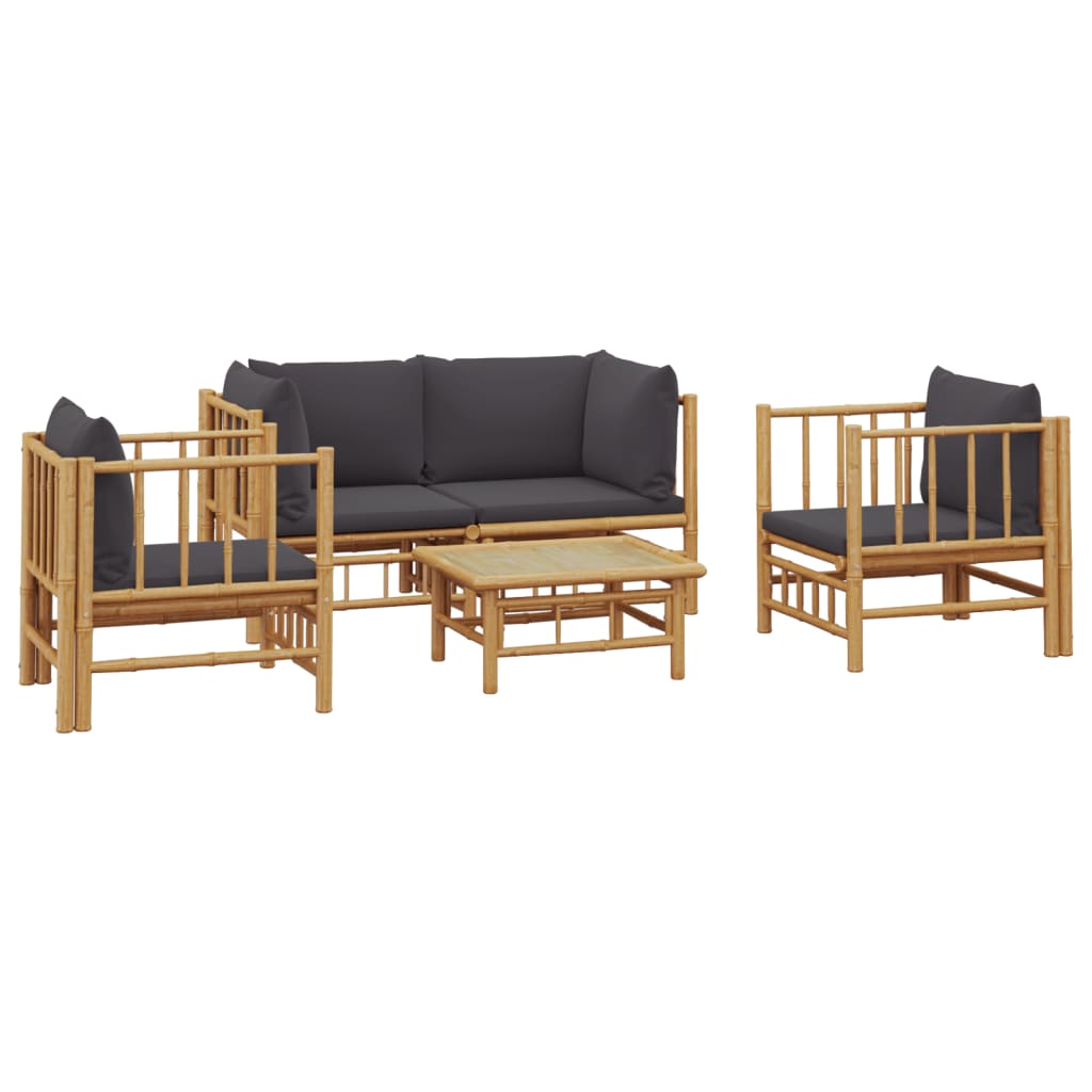 vidaXL 5 Piece Patio Lounge Set with Dark Gray Cushions Bamboo-1