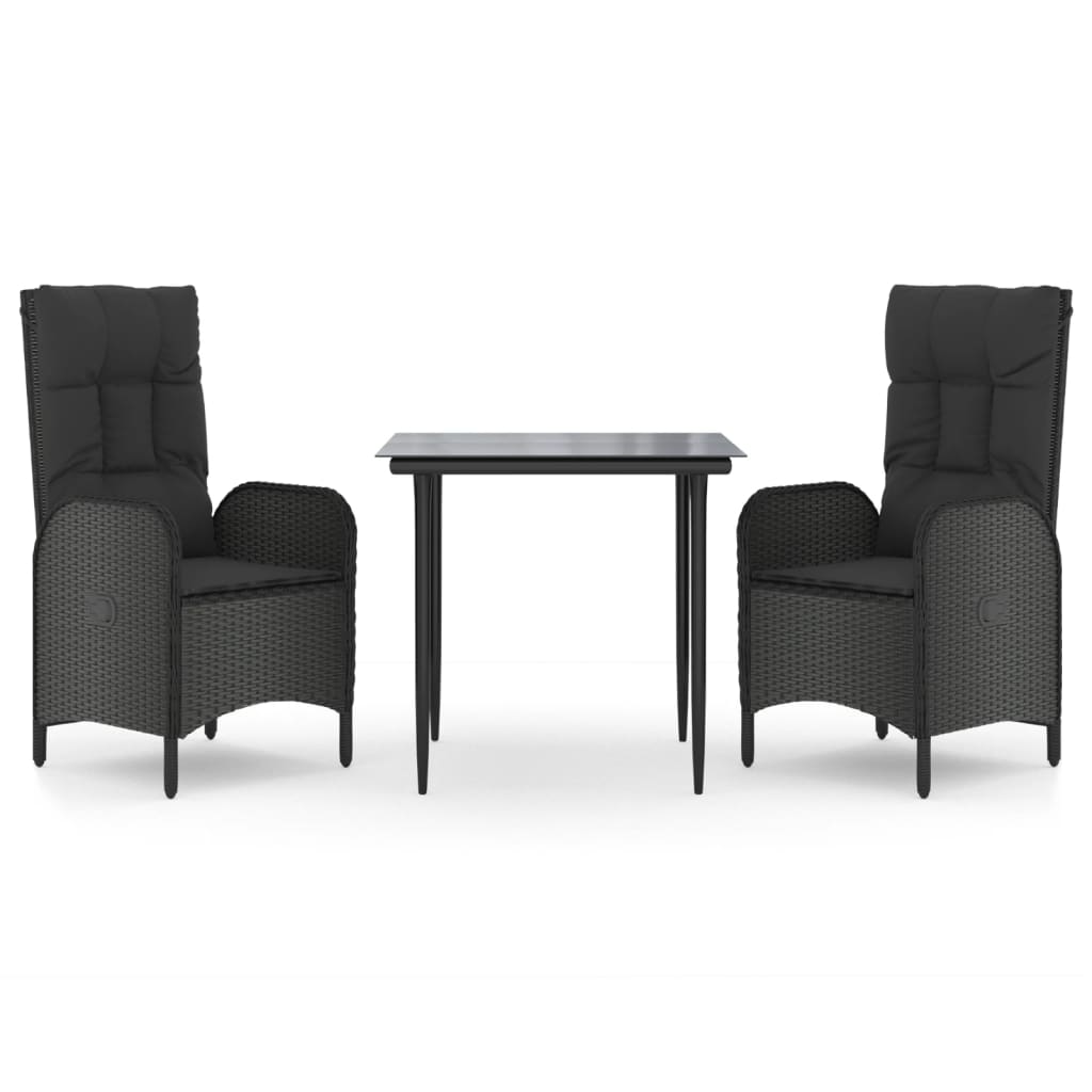 vidaXL 3 Piece Patio Dining Set with Cushions Black Poly Rattan-2