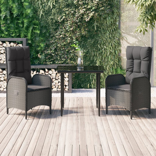 vidaXL 3 Piece Patio Dining Set with Cushions Black Poly Rattan-0