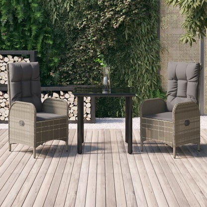 vidaXL 3 Piece Patio Dining Set with Cushions Black and Gray Poly Rattan-0