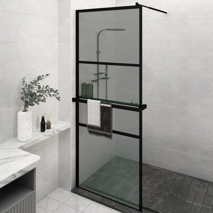vidaXL Walk-in Shower Wall with Shelf Black 31.5"x76.8" ESG Glass&Aluminum-3