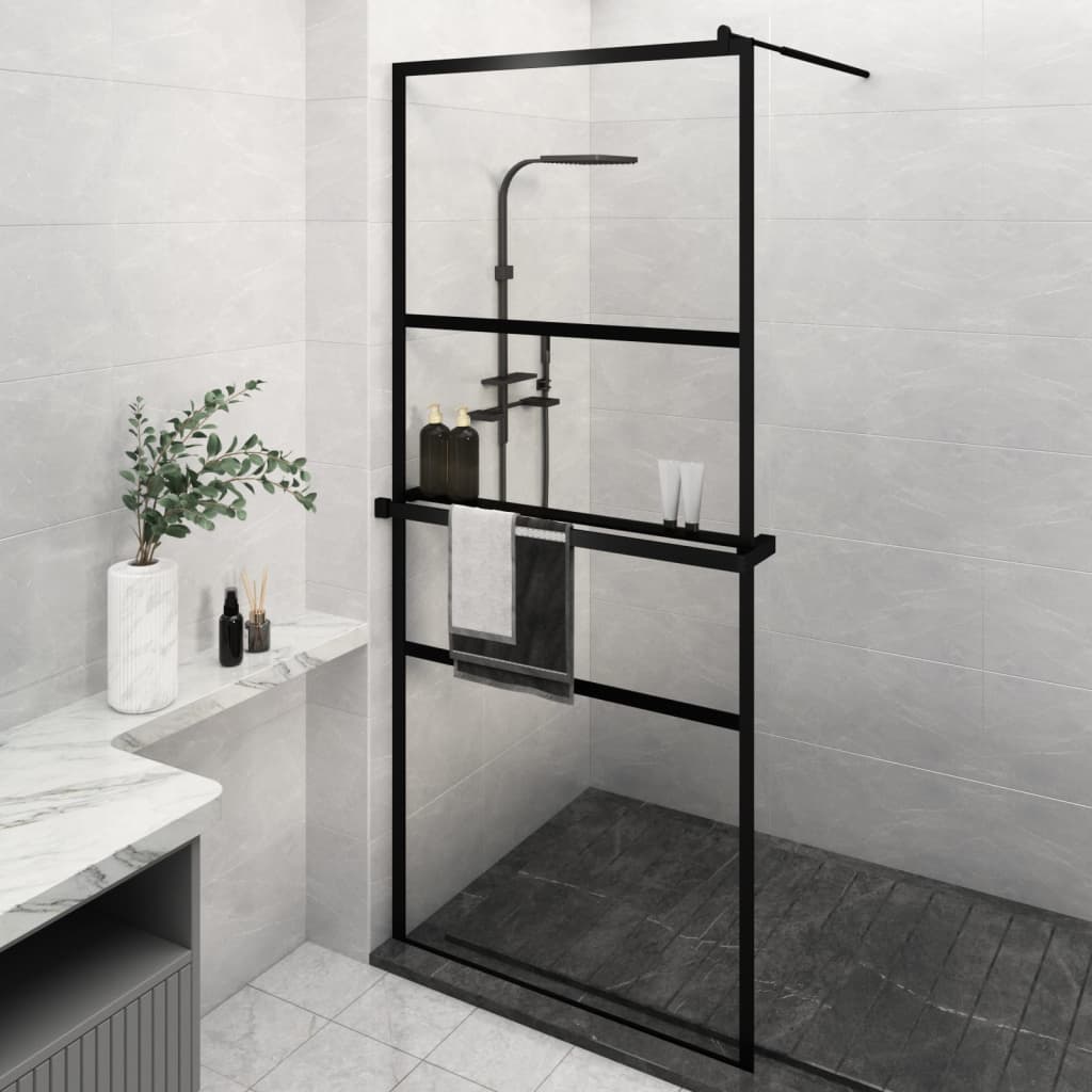 vidaXL Walk-in Shower Wall with Shelf Black 39.4"x76.8" ESG Glass&Aluminum-0