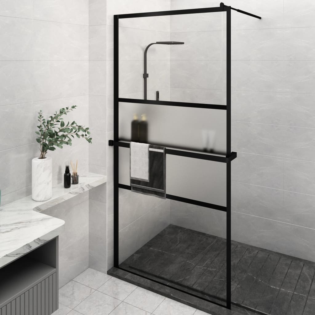 vidaXL Walk-in Shower Wall with Shelf Black 45.3"x76.8" ESG Glass&Aluminum-0