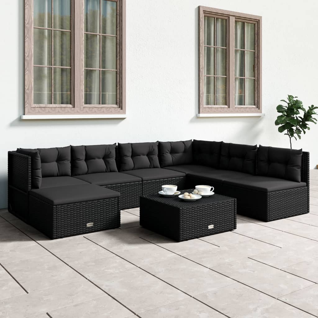 vidaXL 7 Piece Patio Lounge Set with Cushions Black Poly Rattan-0