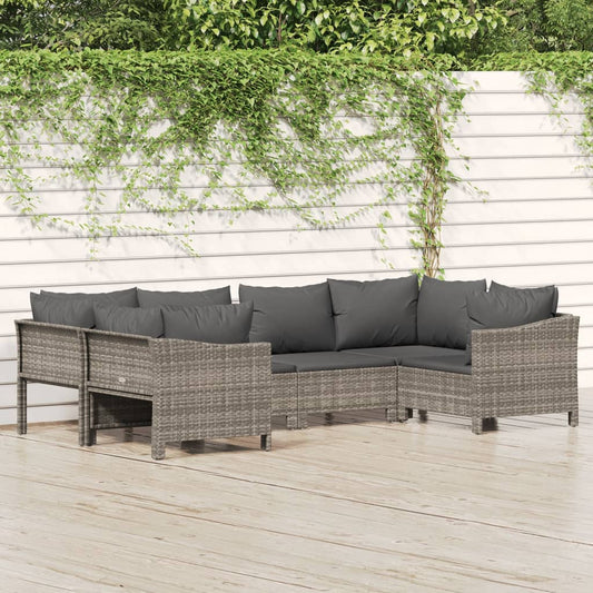 vidaXL 6 Piece Patio Lounge Set with Cushions Gray Poly Rattan-0