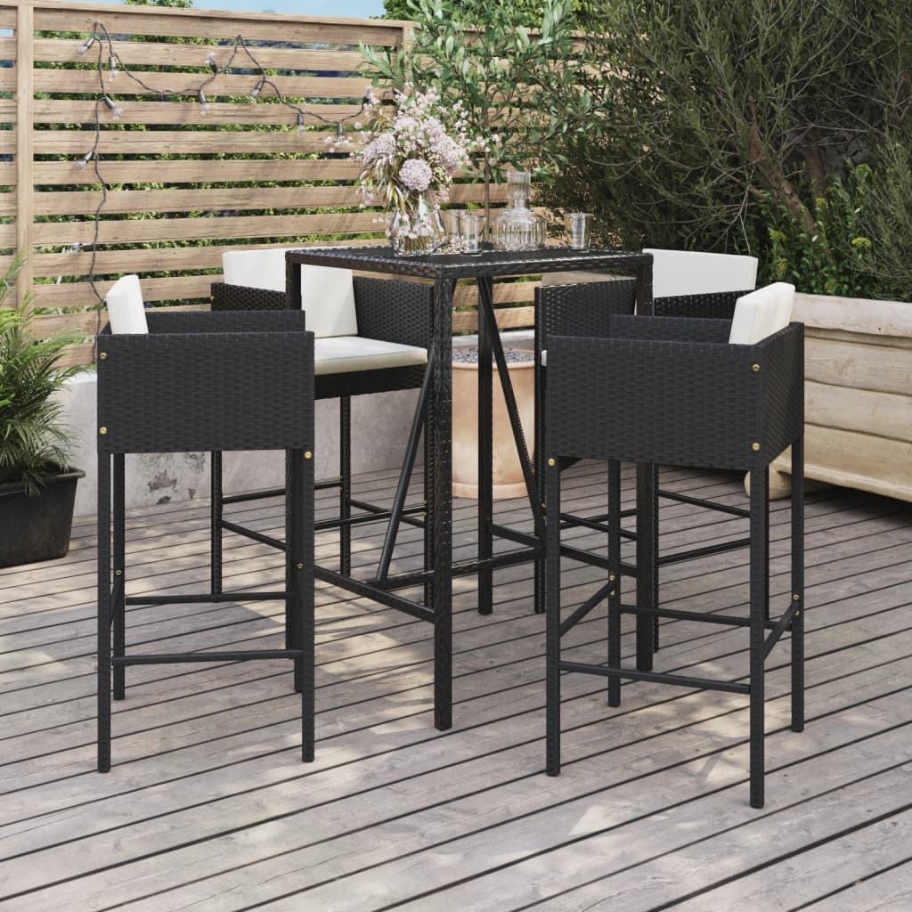 vidaXL 5 Piece Patio Bar Set with Cushions Black Poly Rattan-0
