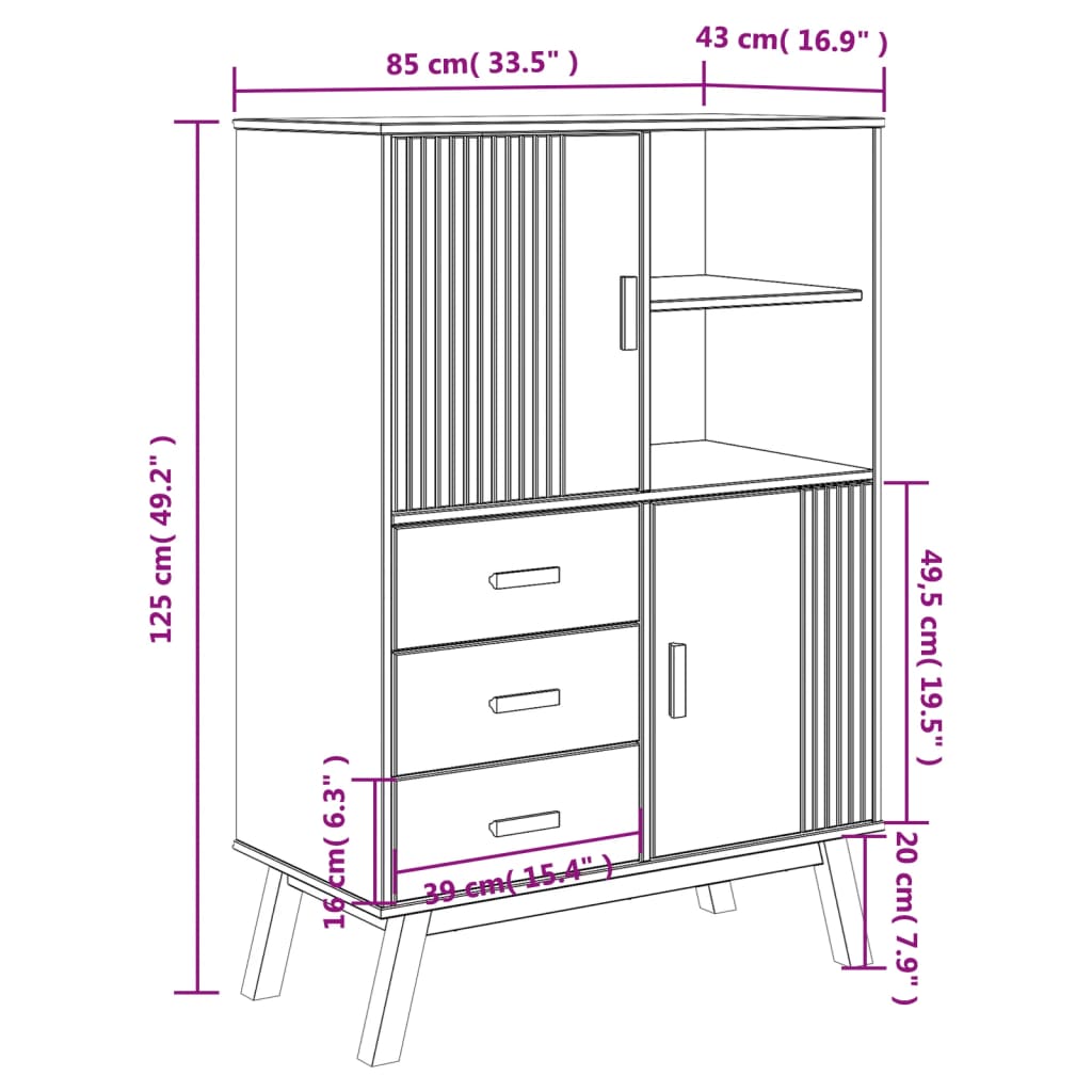 vidaXL Highboard OLDEN Brown 33.5"x16.9"x49.2" Solid Wood Pine-3