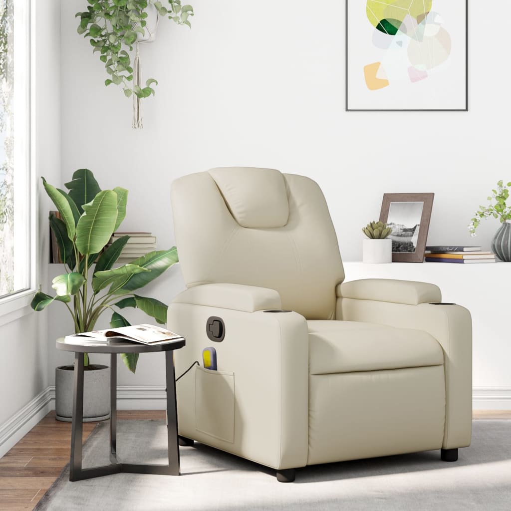 vidaXL Massage Recliner Chair Cream Faux Leather-5