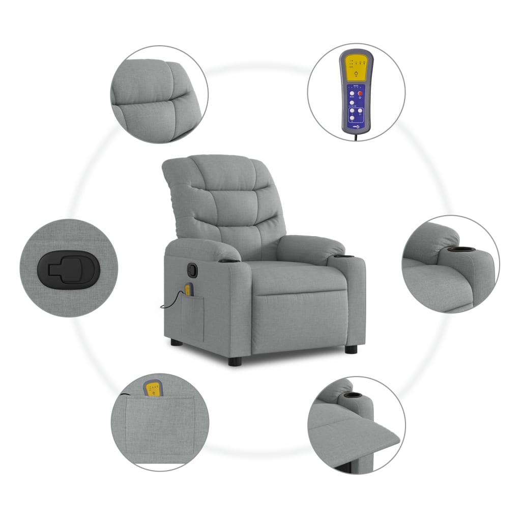 vidaXL Massage Recliner Chair Light Gray Fabric-4