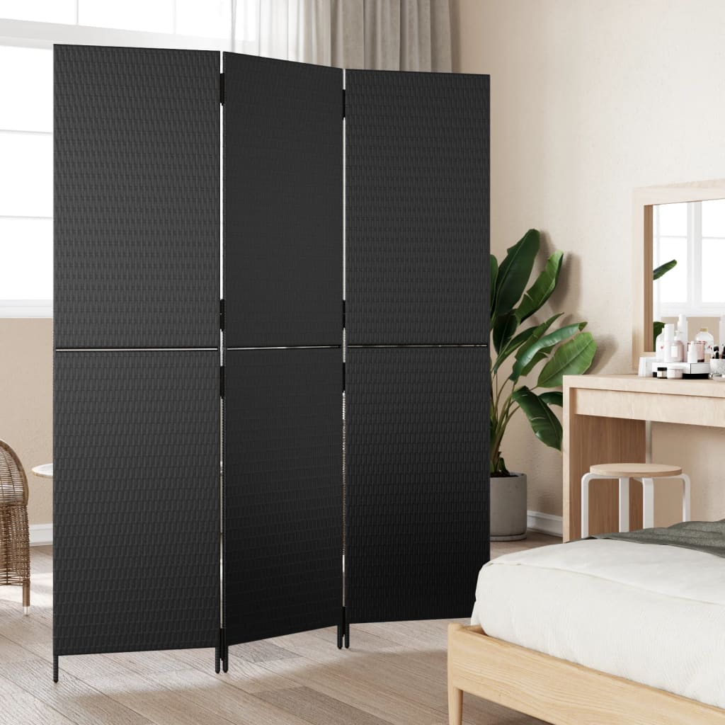vidaXL Room Divider 3 Panels Black Poly Rattan-2
