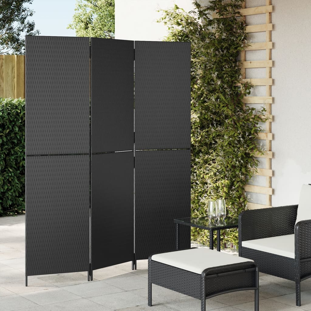 vidaXL Room Divider 3 Panels Black Poly Rattan-0