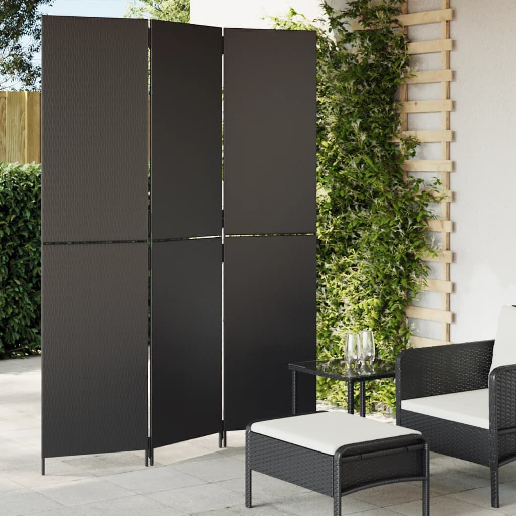 vidaXL Room Divider 3 Panels Black Poly Rattan-0