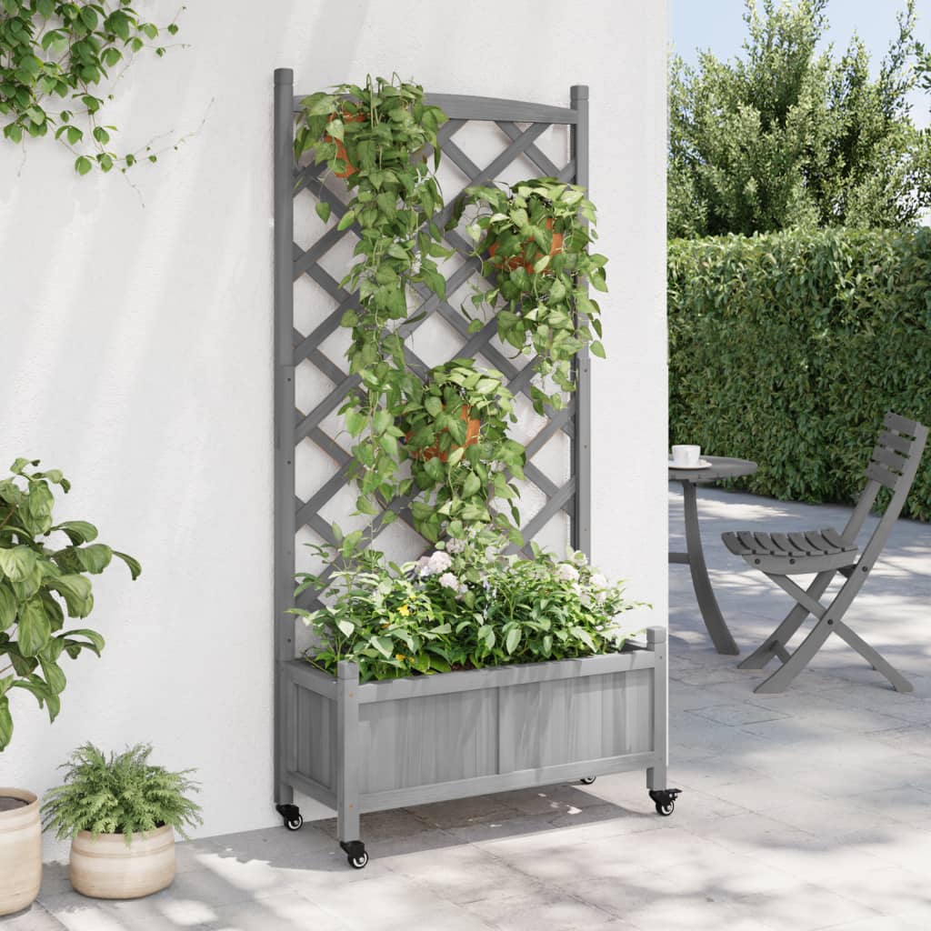 vidaXL Planter with Trellis and Wheels Gray Solid Wood Fir-1