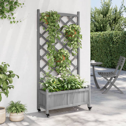 vidaXL Planter with Trellis and Wheels Gray Solid Wood Fir-2