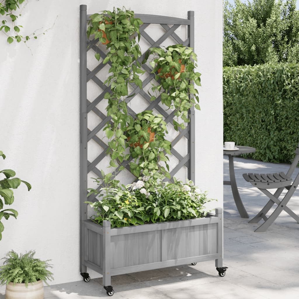 vidaXL Planter with Trellis and Wheels Gray Solid Wood Fir-0