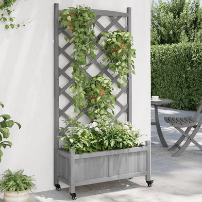vidaXL Planter with Trellis and Wheels Gray Solid Wood Fir-0