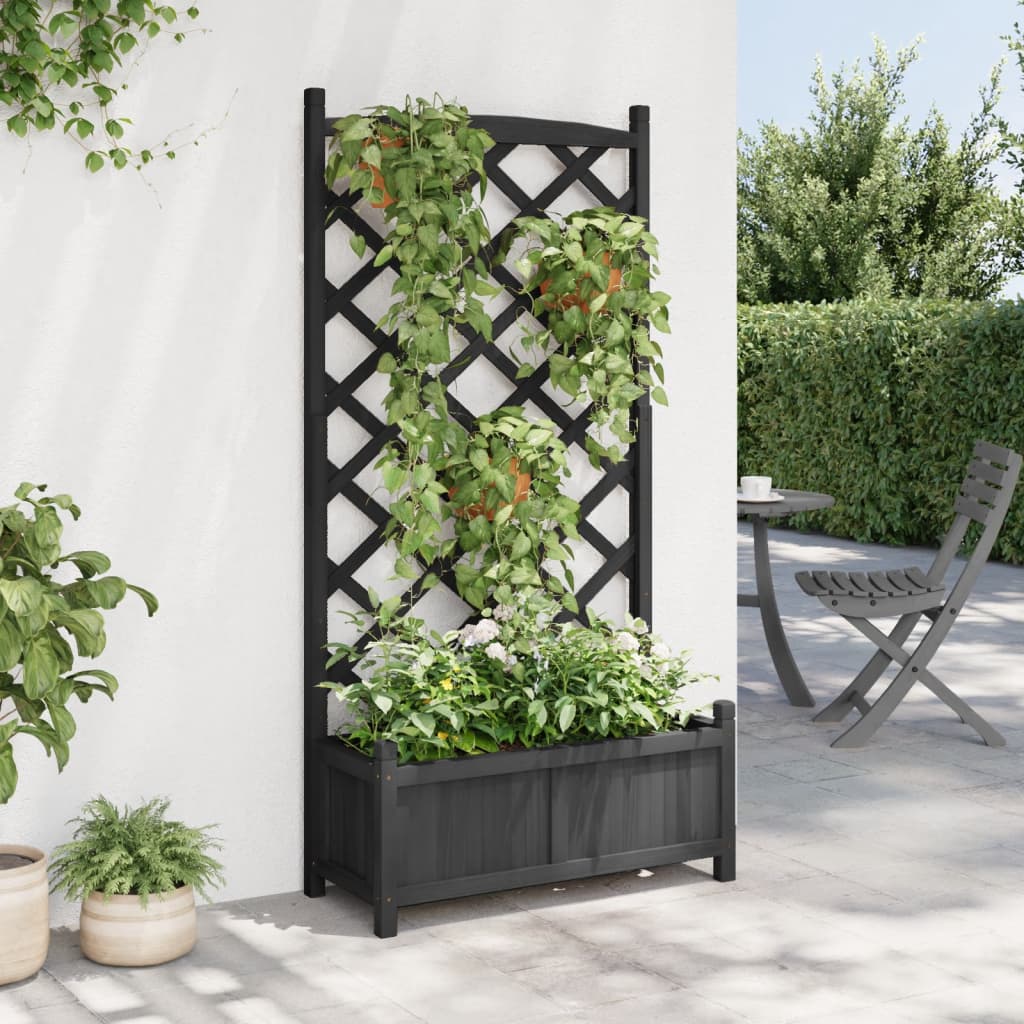 vidaXL Planter with Trellis Black Solid Wood Fir-1