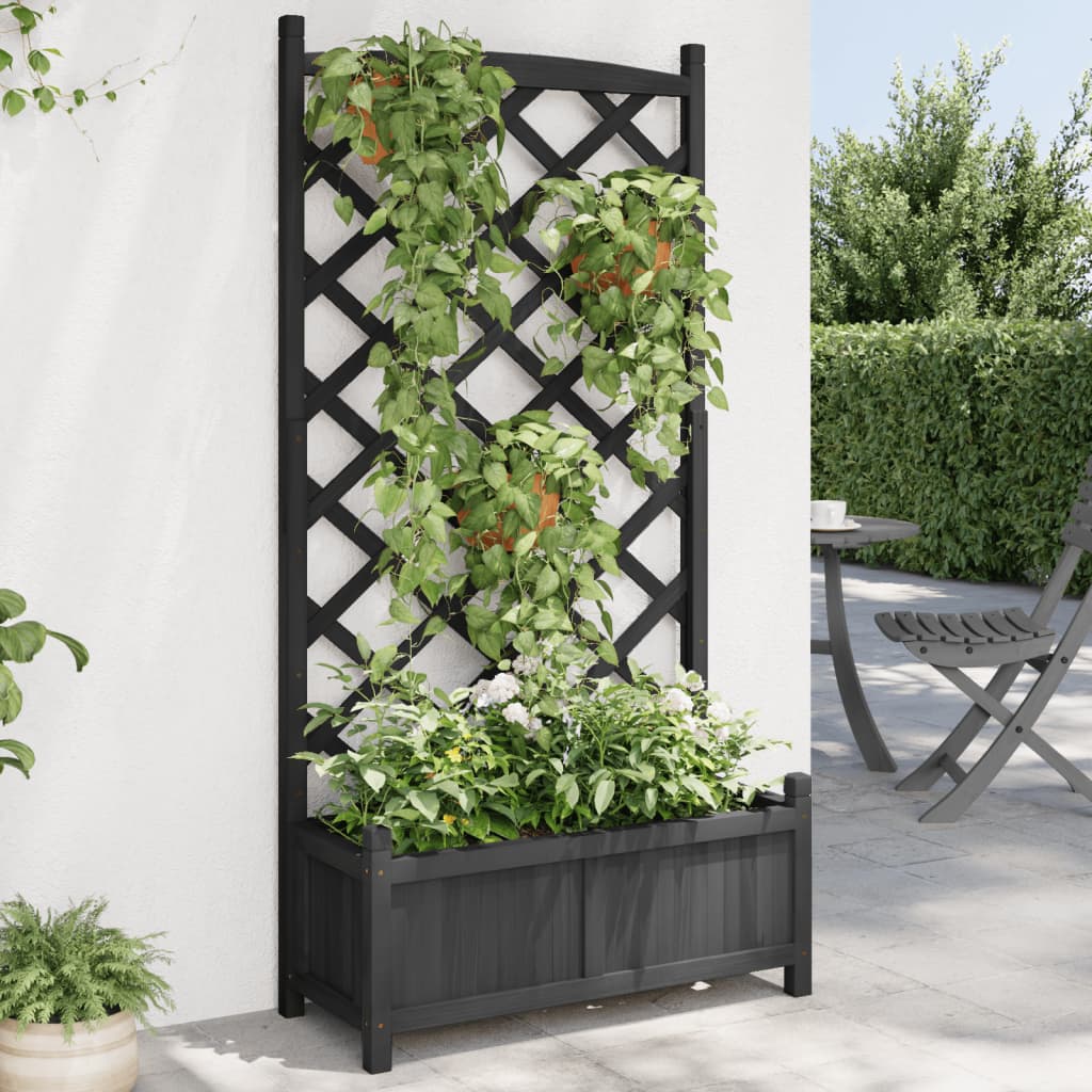 vidaXL Planter with Trellis Black Solid Wood Fir-0