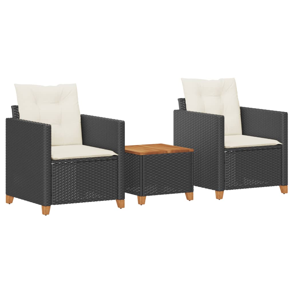 vidaXL 3 Piece Bistro Set with Cushions Black Poly Rattan Acacia Wood-1
