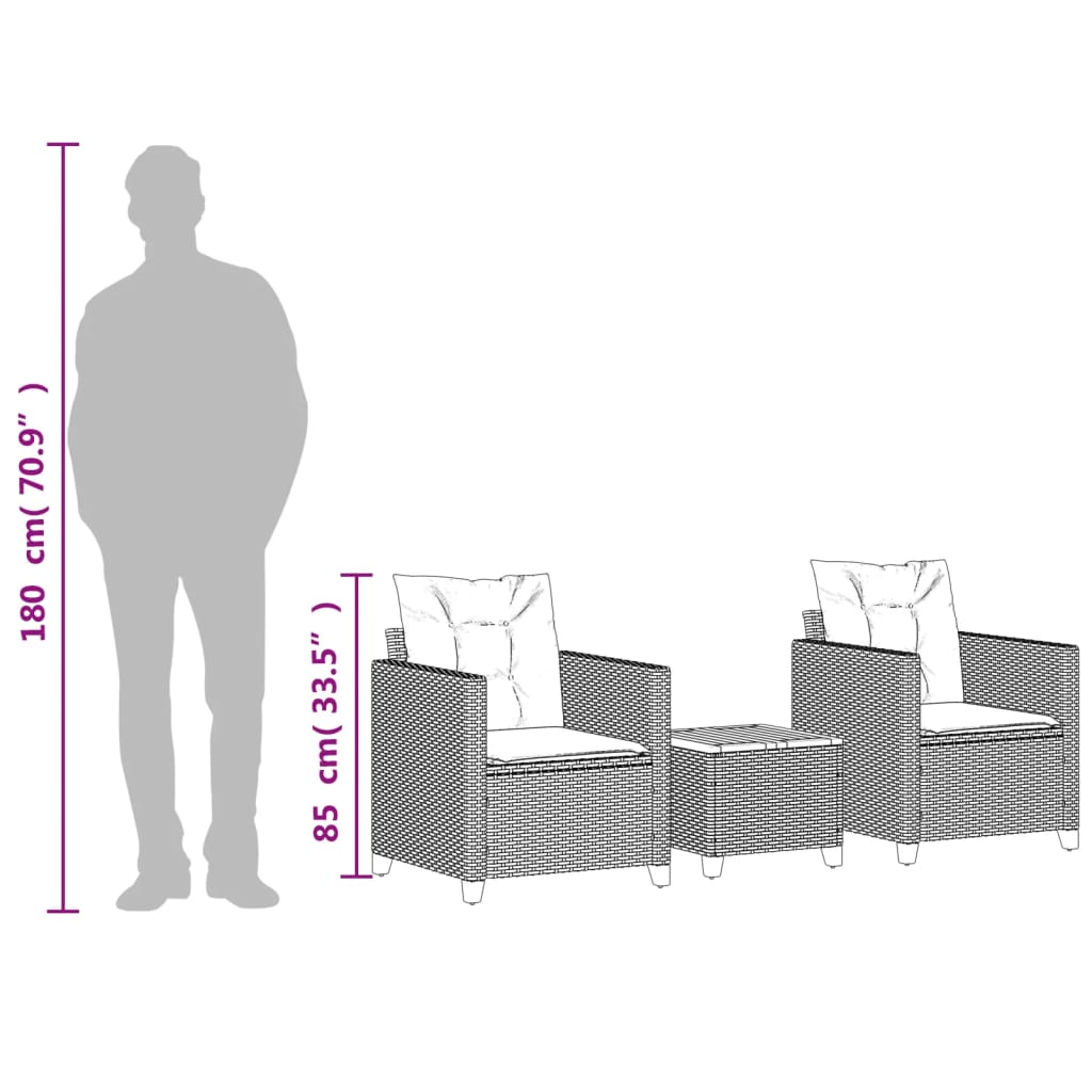 vidaXL 3 Piece Bistro Set with Cushions Black Poly Rattan Acacia Wood-2