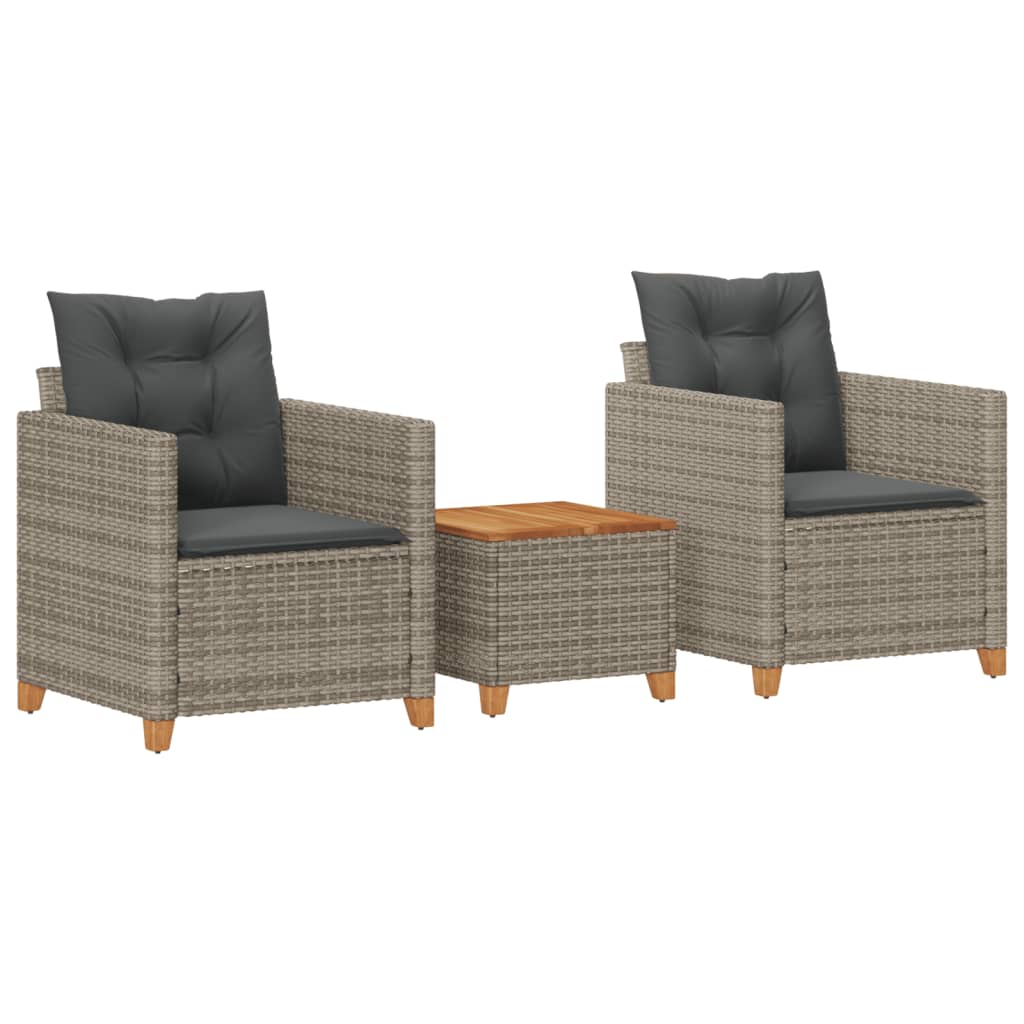vidaXL 3 Piece Bistro Set with Cushions Gray Poly Rattan Acacia Wood-1
