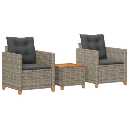 vidaXL 3 Piece Bistro Set with Cushions Gray Poly Rattan Acacia Wood-1