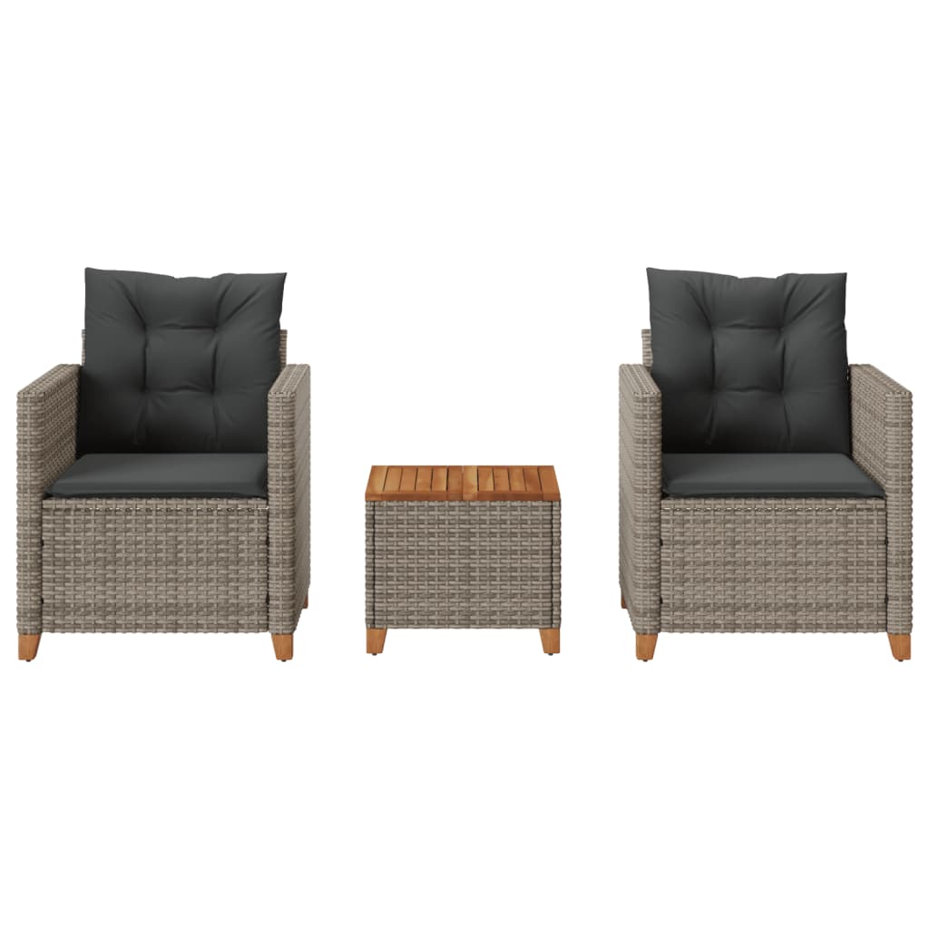 vidaXL 3 Piece Bistro Set with Cushions Gray Poly Rattan Acacia Wood-2