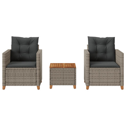 vidaXL 3 Piece Bistro Set with Cushions Gray Poly Rattan Acacia Wood-2
