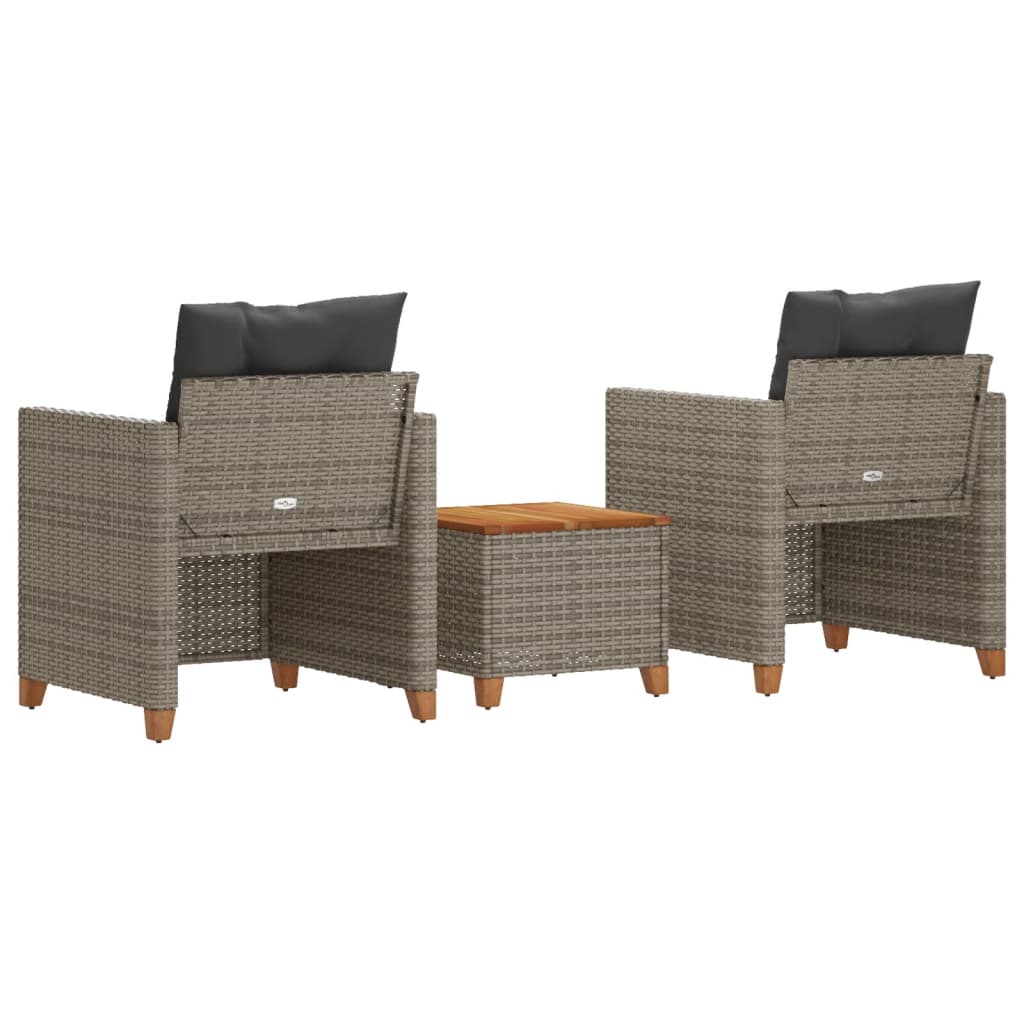 vidaXL 3 Piece Bistro Set with Cushions Gray Poly Rattan Acacia Wood-4