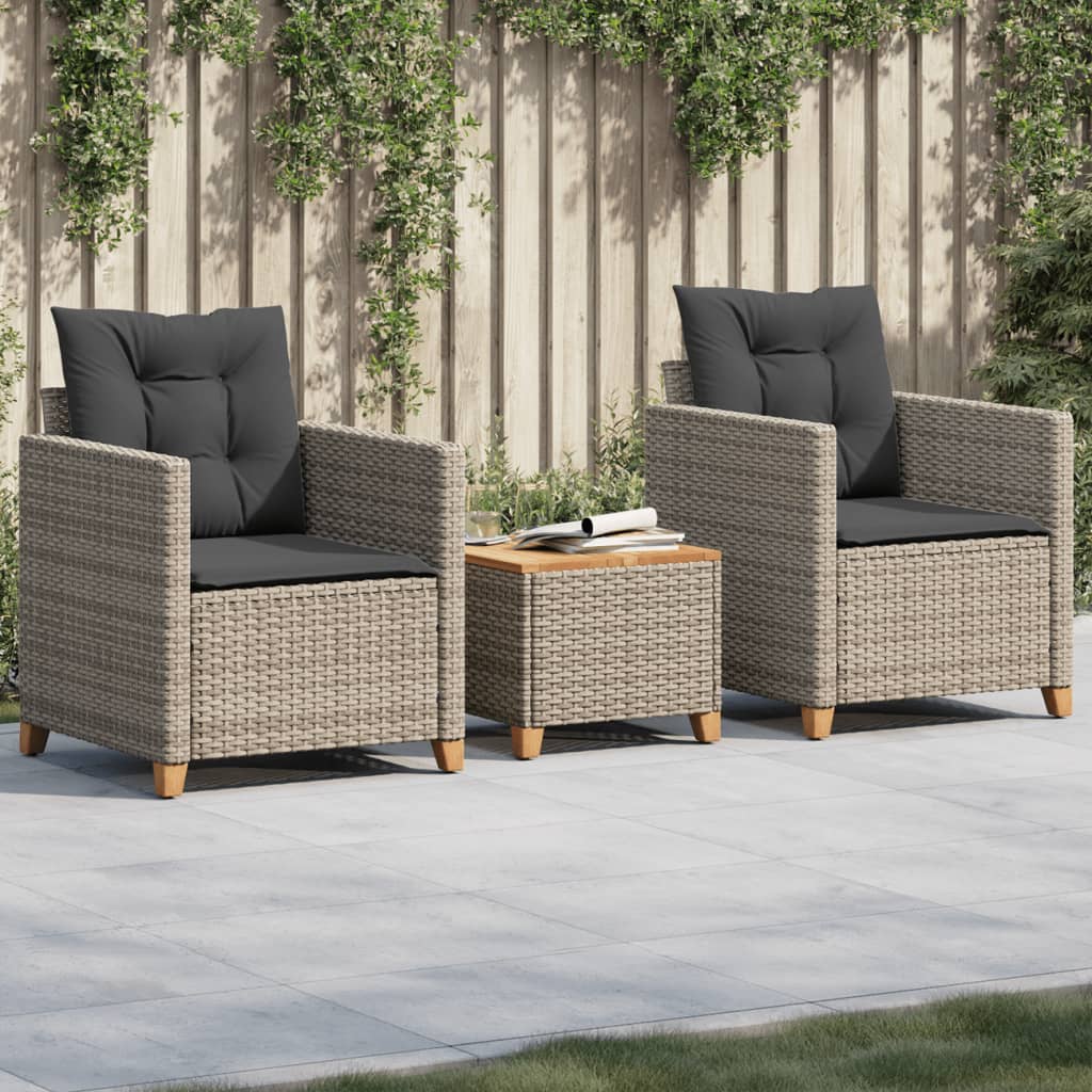 vidaXL 3 Piece Bistro Set with Cushions Gray Poly Rattan Acacia Wood-0
