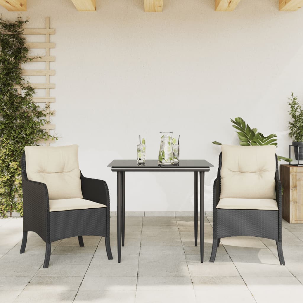 vidaXL 3 Piece Patio Dining Set with Cushions Black Poly Rattan-0