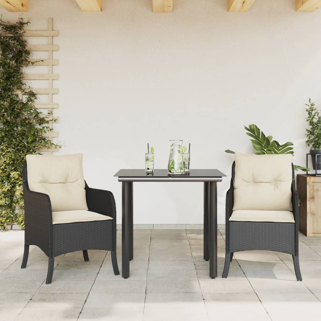 vidaXL 3 Piece Patio Dining Set with Cushions Black Poly Rattan-0