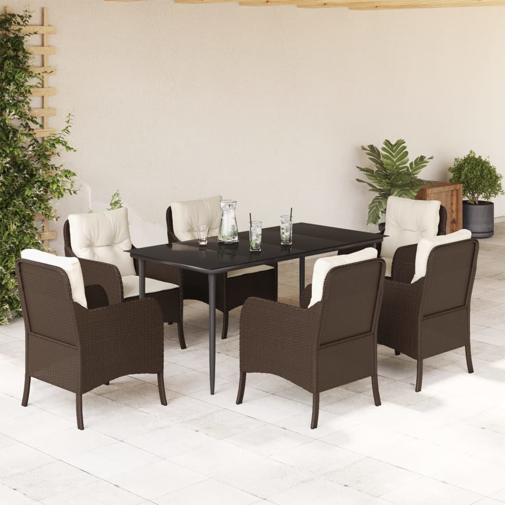 vidaXL 7 Piece Patio Dining Set with Cushions Brown Poly Rattan-0