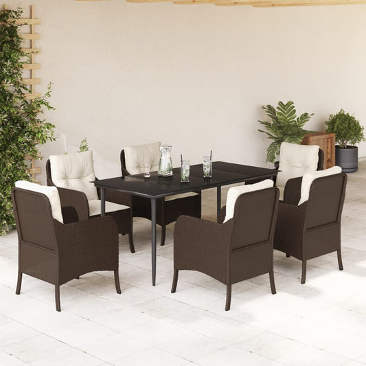 vidaXL 7 Piece Patio Dining Set with Cushions Brown Poly Rattan-0