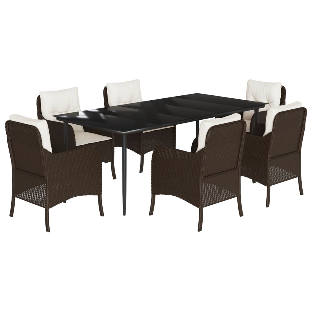 vidaXL 7 Piece Patio Dining Set with Cushions Brown Poly Rattan-1
