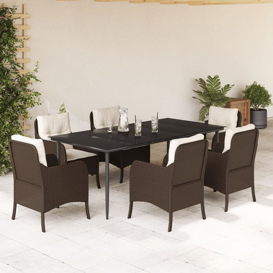 vidaXL 7 Piece Patio Dining Set with Cushions Brown Poly Rattan-0