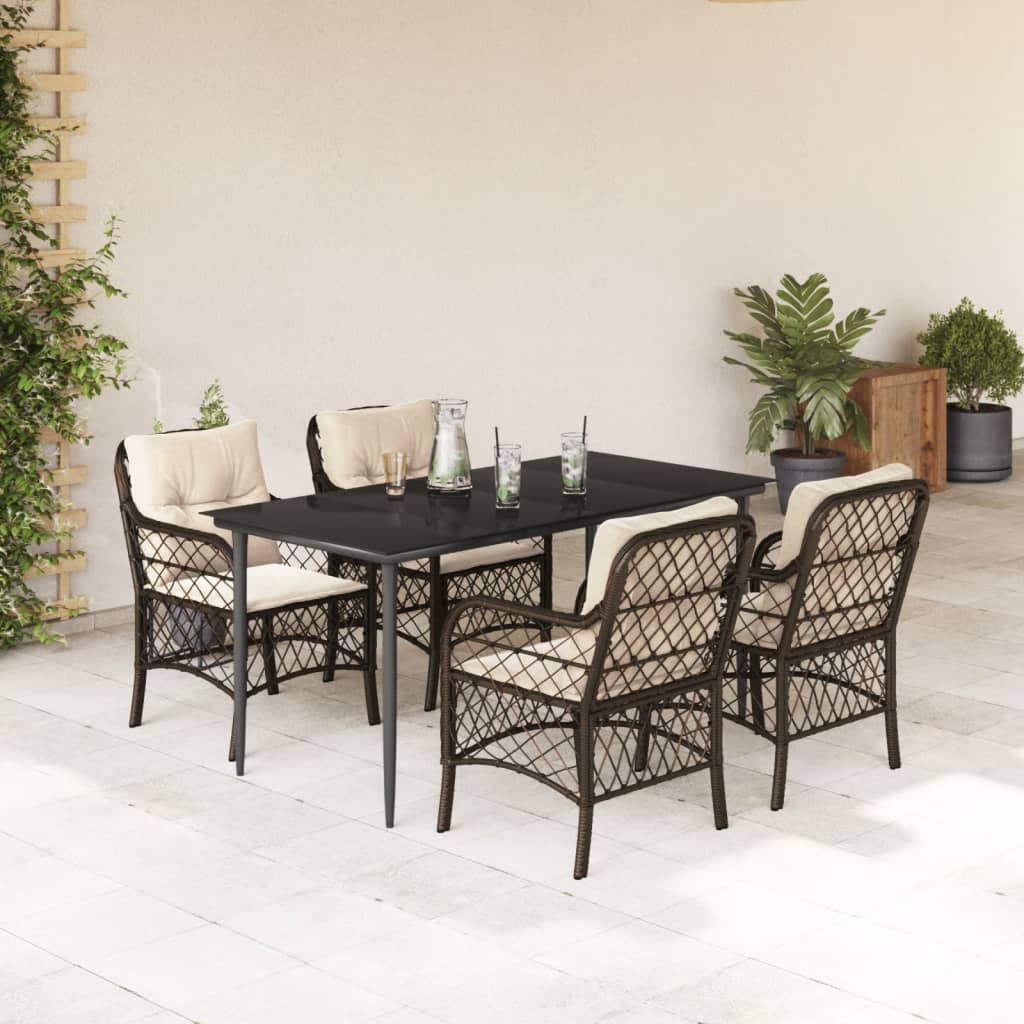 vidaXL 5 Piece Patio Dining Set with Cushions Brown Poly Rattan-0