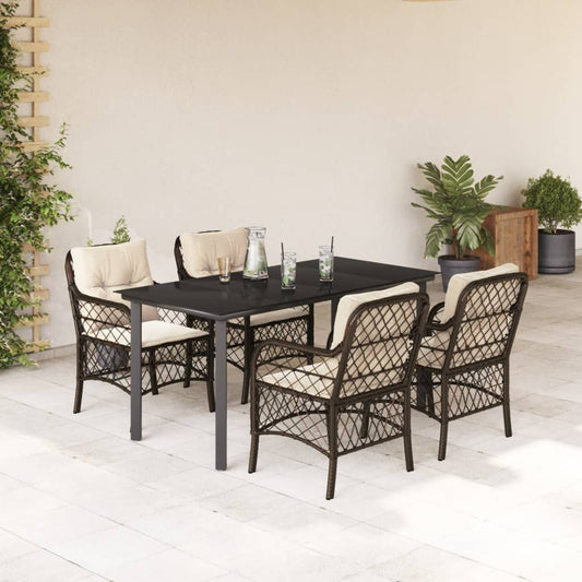 vidaXL 5 Piece Patio Dining Set with Cushions Brown Poly Rattan-0