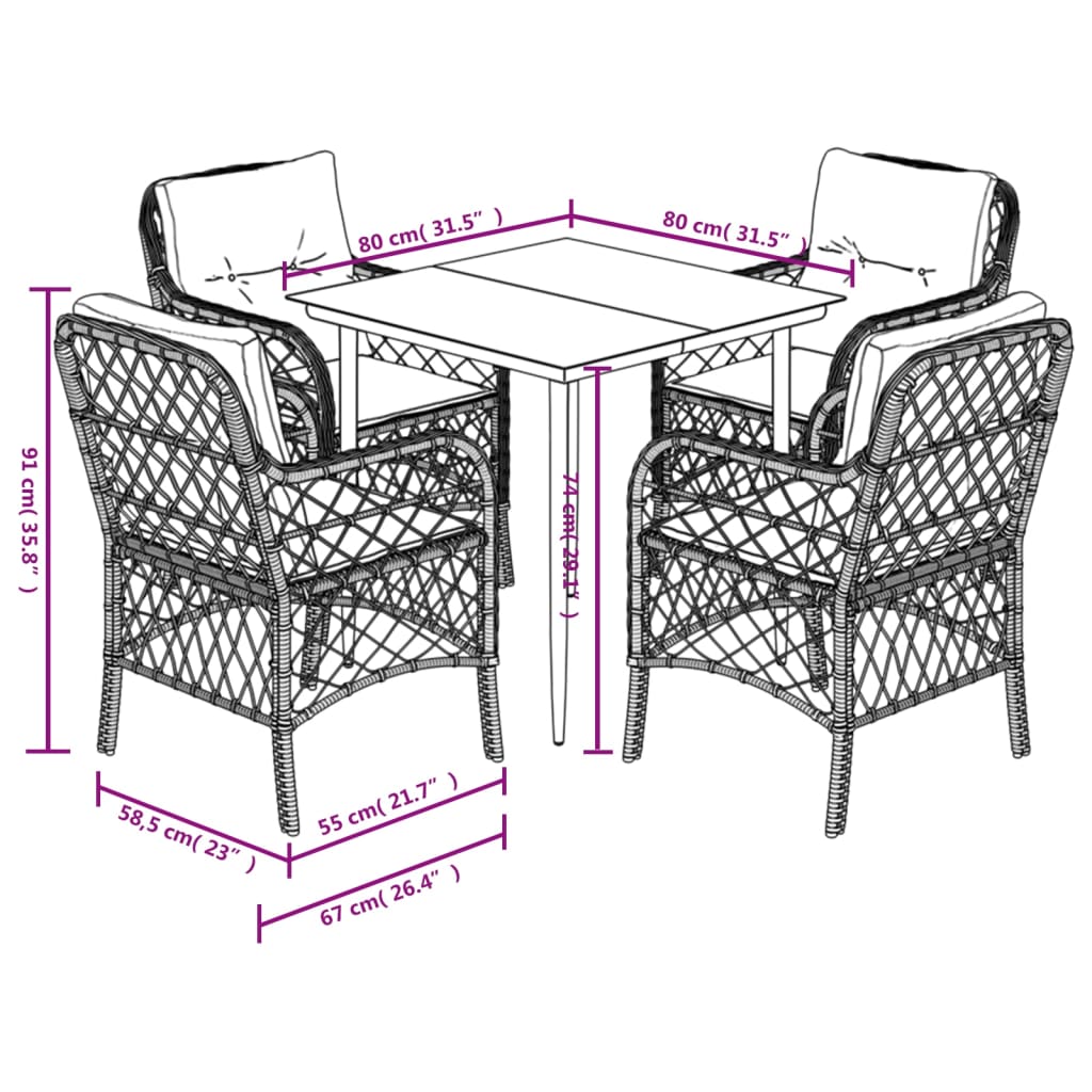 vidaXL 5 Piece Patio Dining Set with Cushions Gray Poly Rattan-3