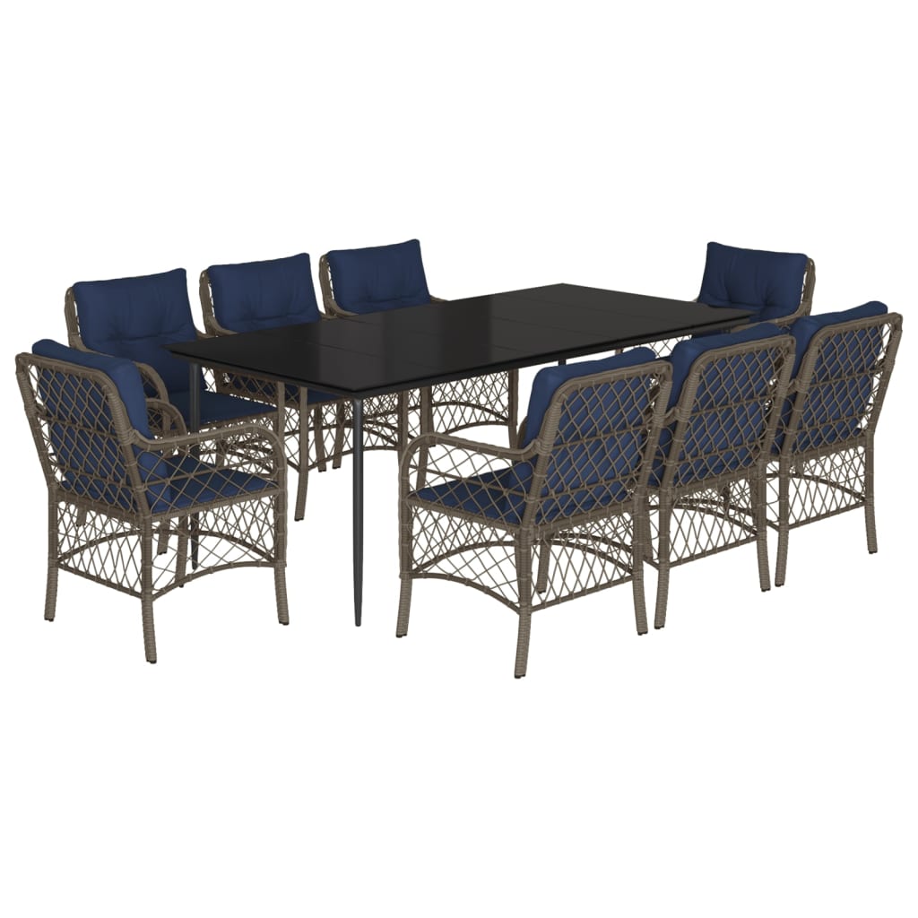 vidaXL 9 Piece Patio Dining Set with Cushions Gray Poly Rattan-1